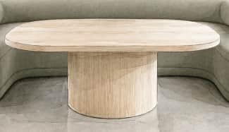 A minimalist oval coffee table made from light-toned wood, featuring a racetrack-shaped top supporte… — free OBJ 3D model