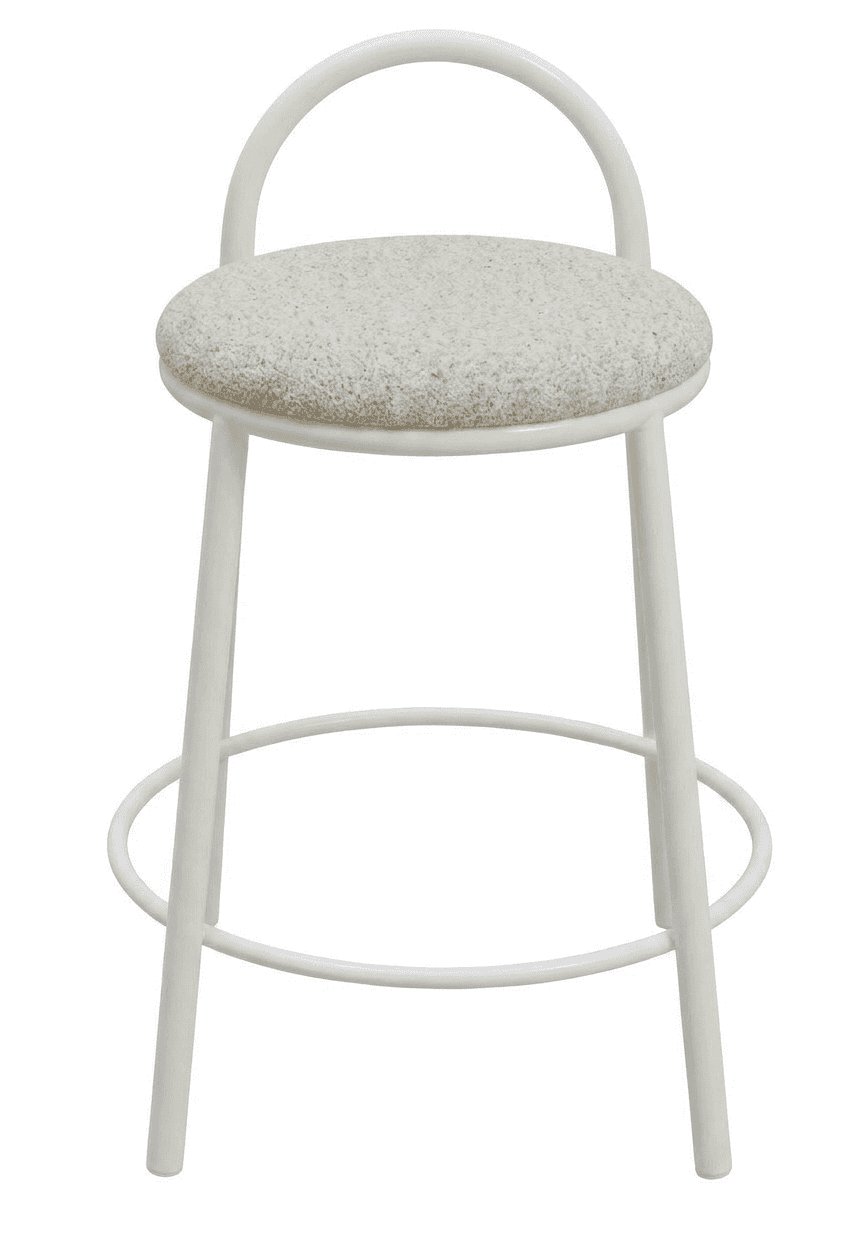 A contemporary bar stool featuring a sleek white metal frame with four tubular legs, a circular foot… — free OBJ 3D model