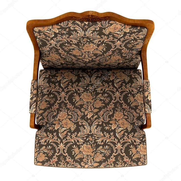 An armchair with a high, curved backrest and upholstered arms. The upholstery features a dense, orna… — 3D model