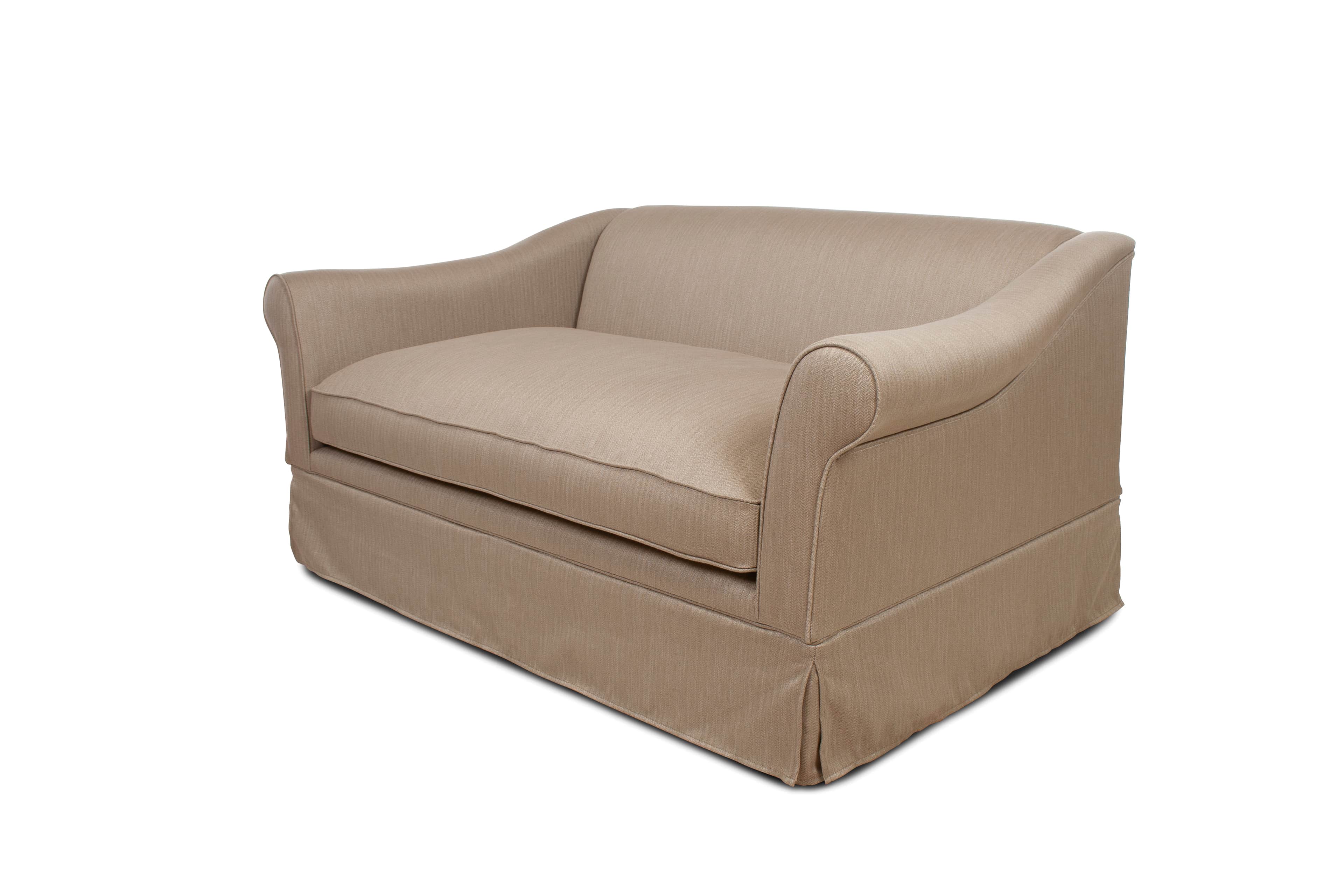 A traditional upholstered loveseat featuring rolled arms and a skirted base, presented in a light be… — 3D model