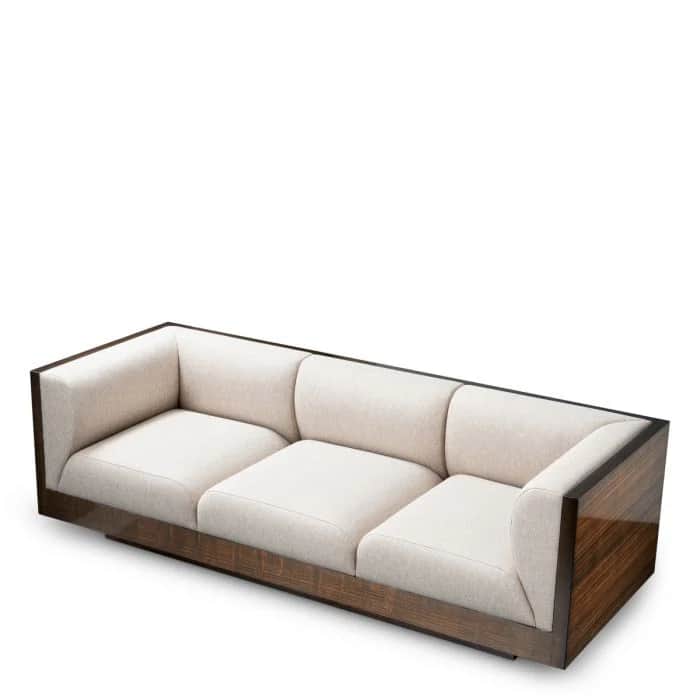 A contemporary three-seater sofa featuring a distinctive glossy dark wood frame that encases light-c… — 3D model