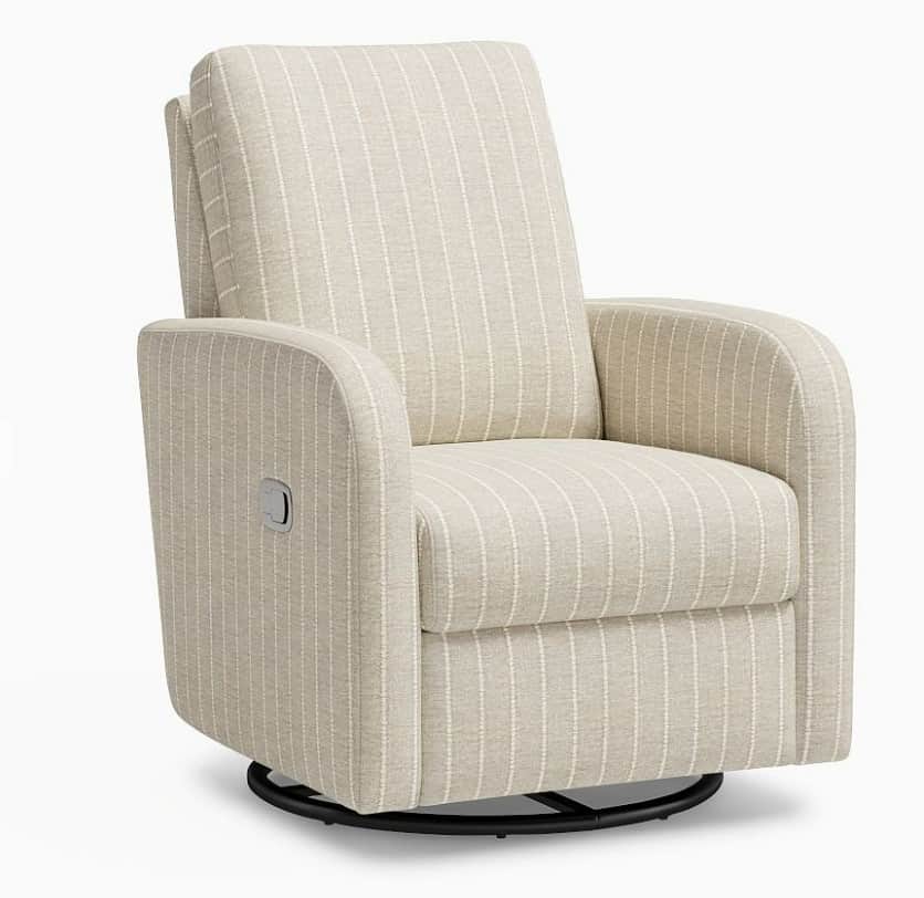 A contemporary upholstered recliner chair featuring a light beige fabric with subtle vertical off-wh… — 3D model