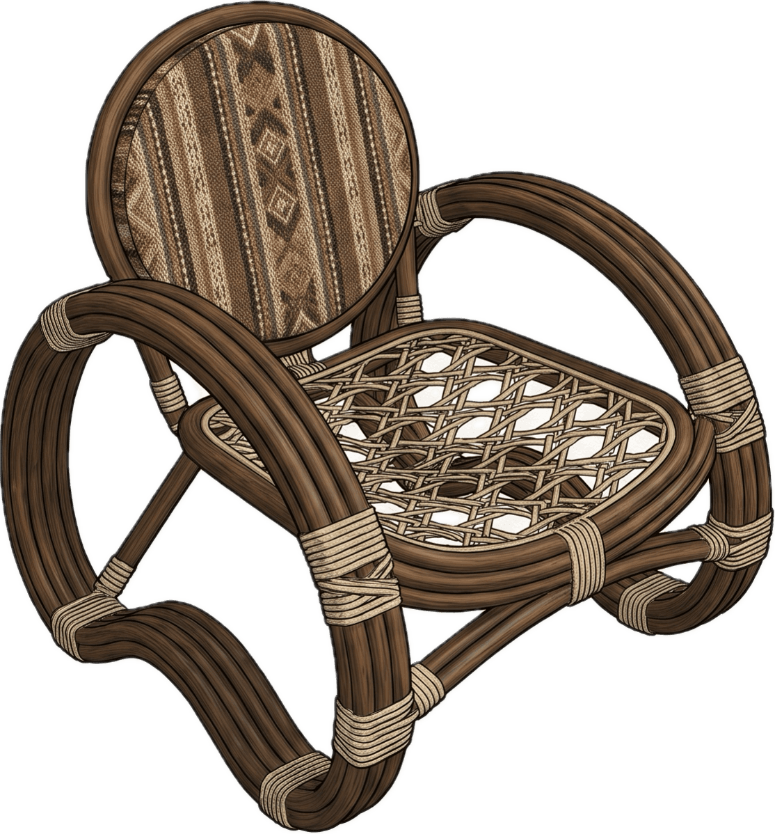 A low-slung armchair constructed from bent rattan or bamboo, featuring a rounded upholstered backres… — 3D model