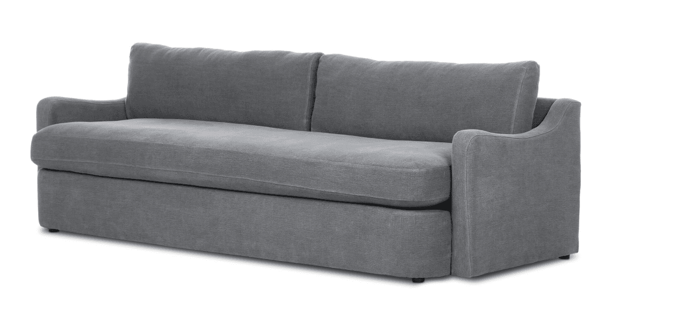 A modern, two-seater loveseat upholstered in gray fabric, featuring soft lines and a contemporary ae… — 3D model