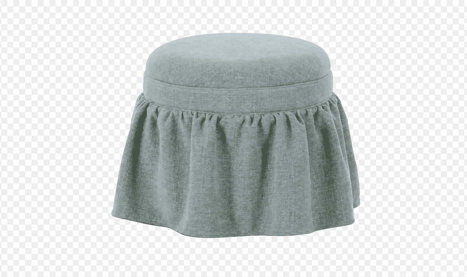 A round upholstered ottoman with a ruffled fabric skirt. The top is slightly cushioned and features… — 3D model