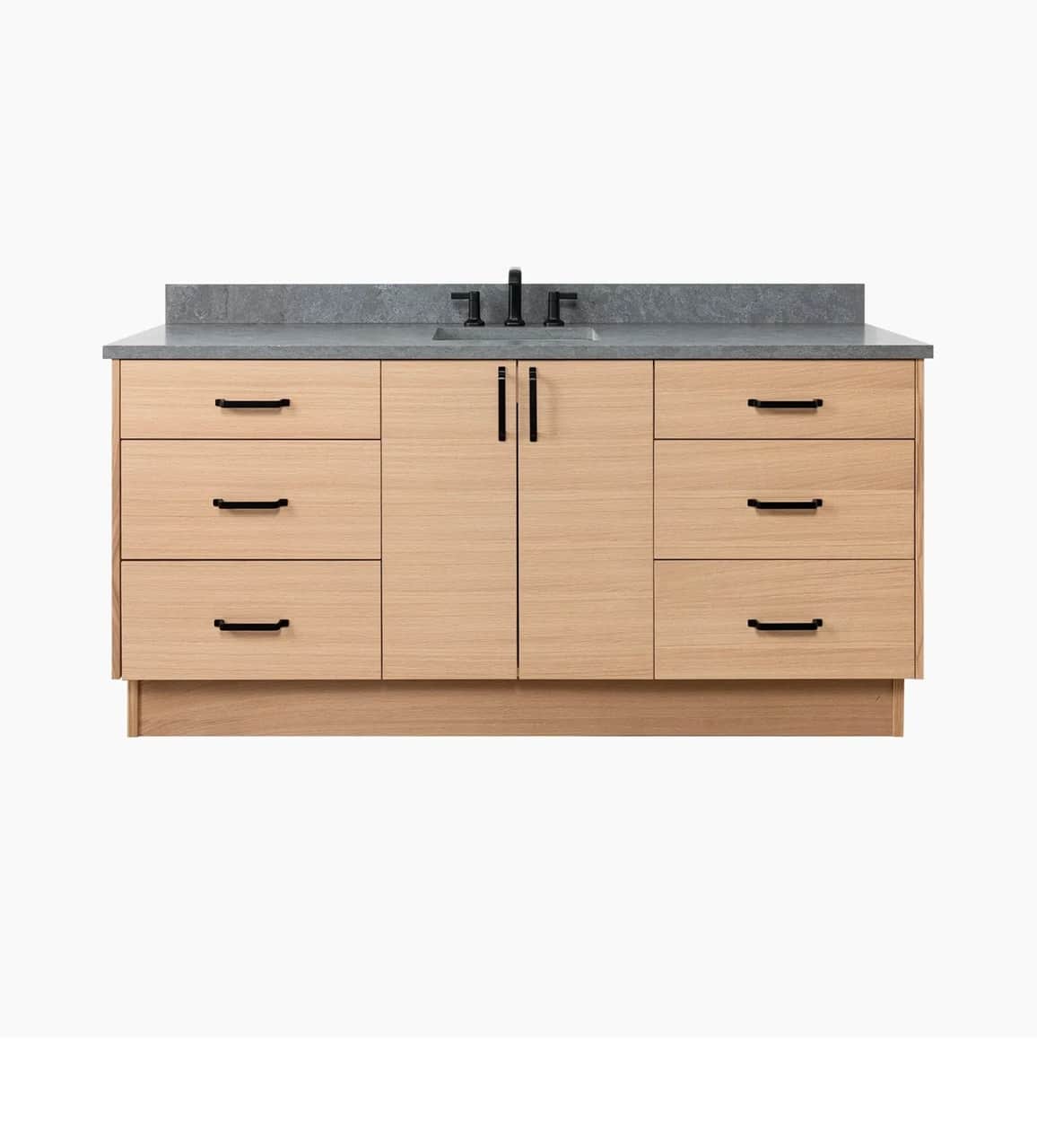 A modern bathroom vanity with a light wood finish, featuring a grey stone countertop and black hardw… — 3D model