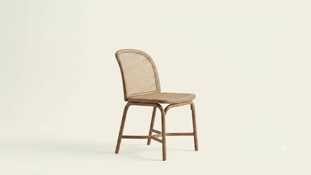 An armless dining chair featuring a gracefully curved frame that appears to be made of bentwood or a… — 3D model