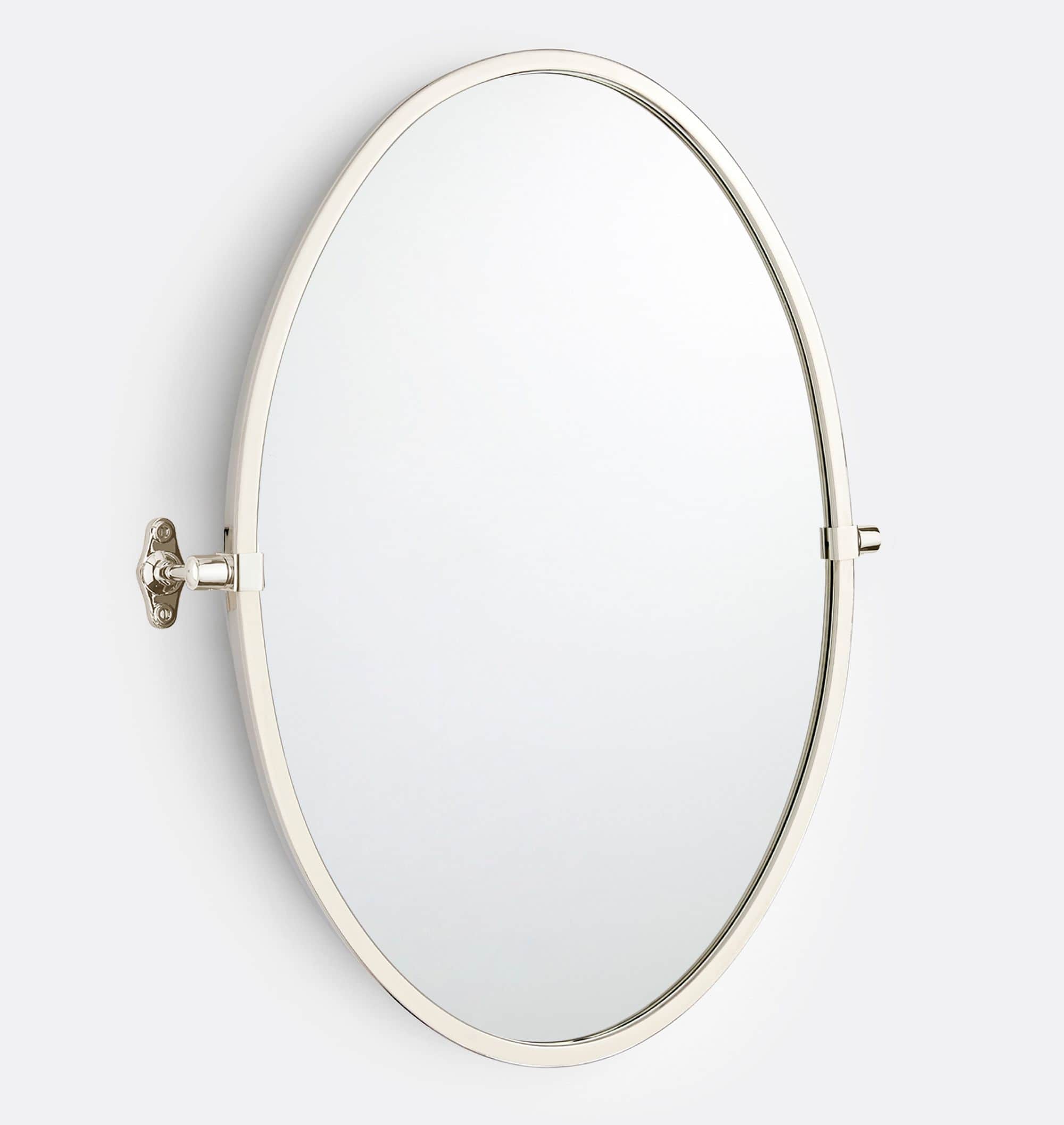 An oval-shaped wall-mounted mirror featuring a slim, polished metal frame and a pivoting mechanism.… — 3D model