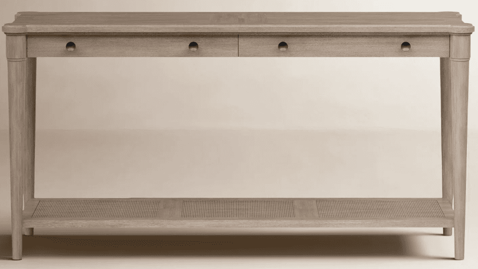 A slender console table with a rectangular top and four tapered legs. The table features two drawers… — 3D model