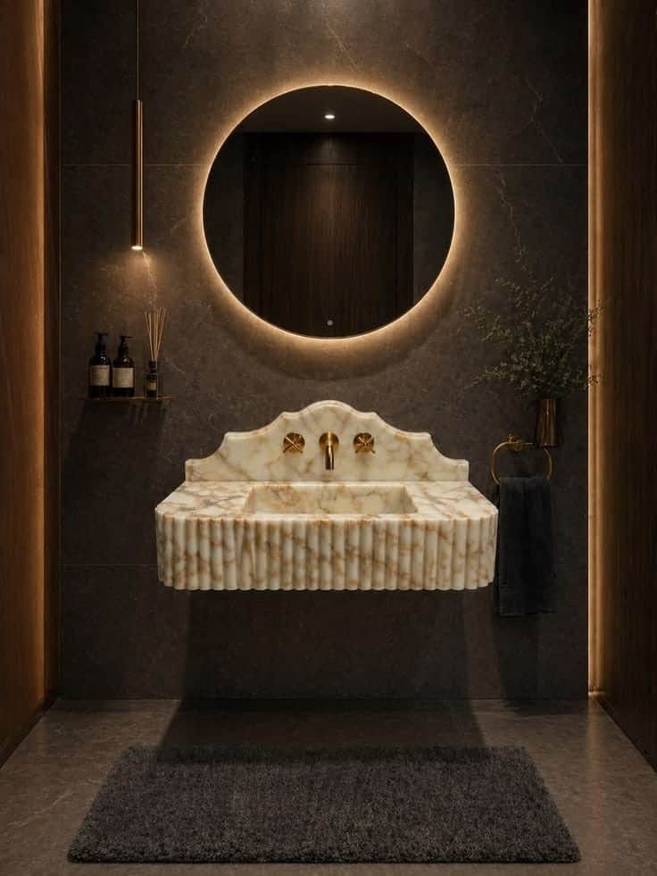 The image displays a luxurious wall-mounted bathroom sink crafted from cream-colored marble with pro… — 3D model