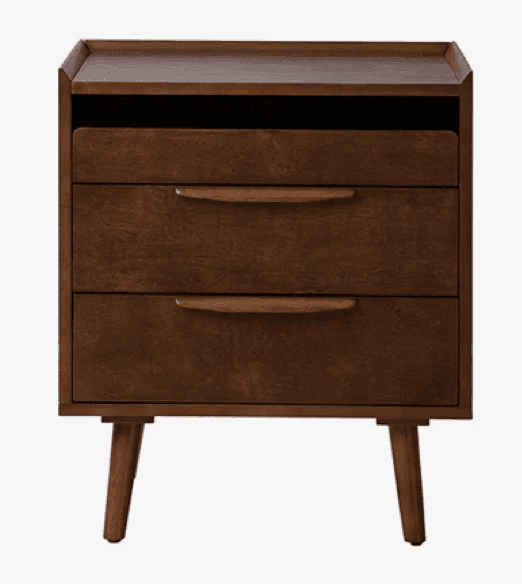 A wooden nightstand with two drawers and an open shelf above them. It features angled legs and integ… — free FBX 3D model