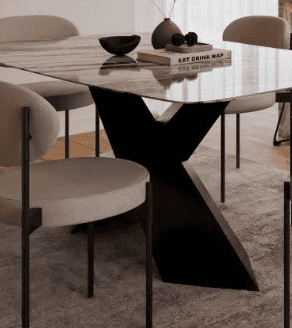 A rectangular dining table featuring a grey and white marble-patterned top with gently rounded corne… — 3D model