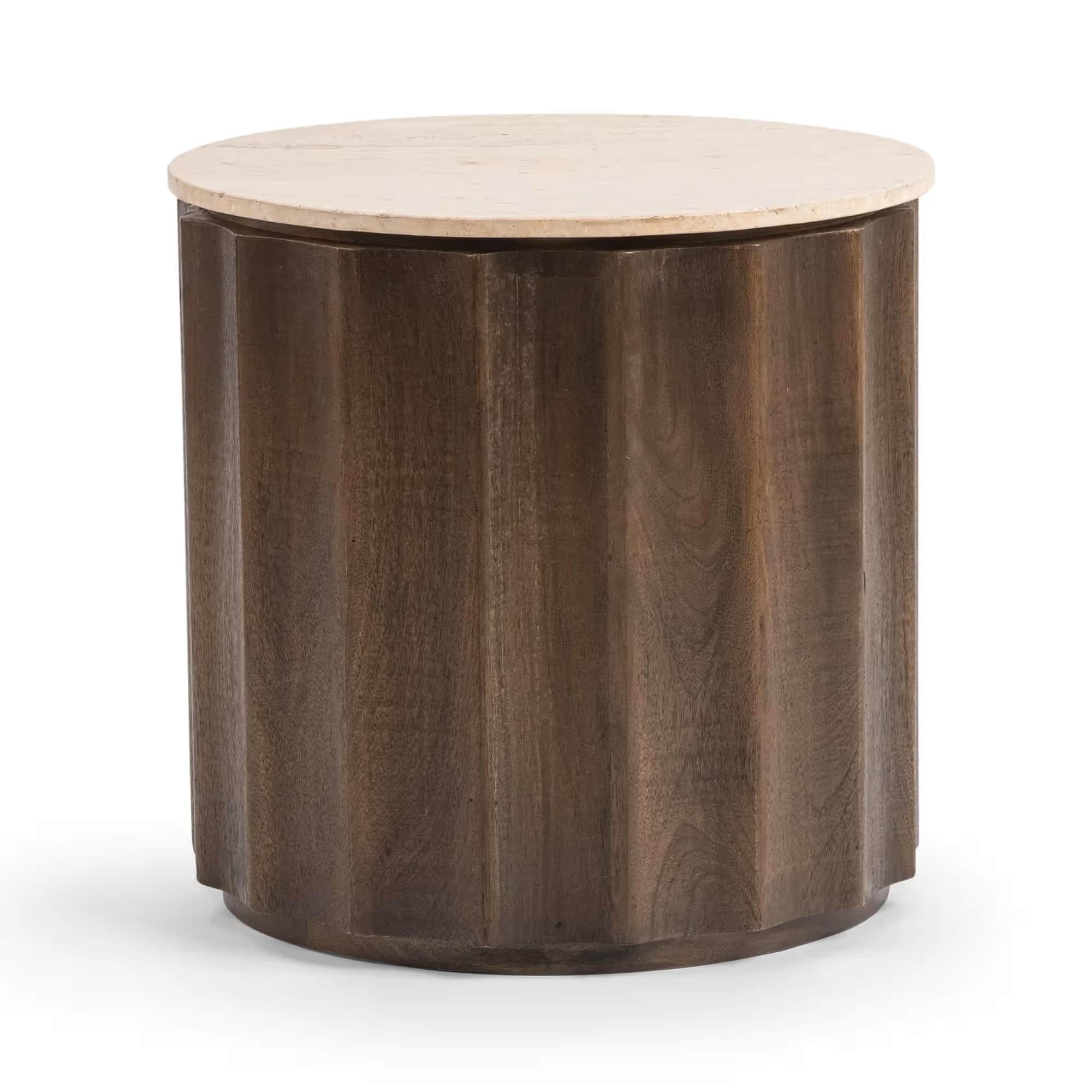 A cylindrical accent table featuring a light-colored natural stone top and a dark, fluted wood base,… — 3D model