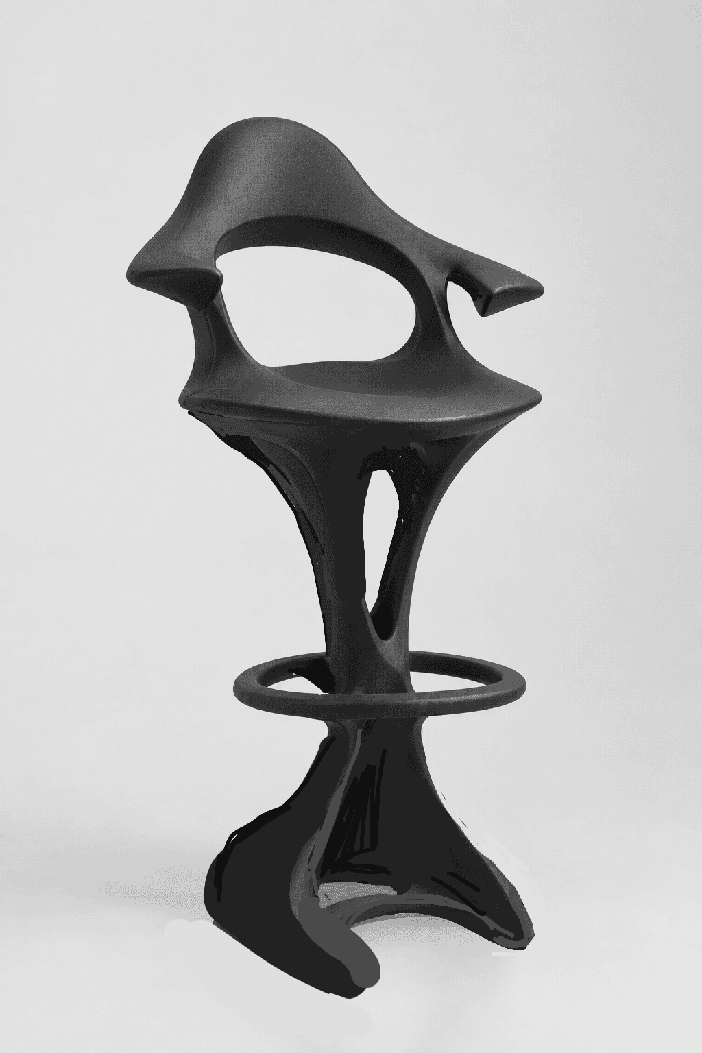 A striking, matte black bar stool characterized by its highly sculptural and biomorphic form. The de… — 3D model