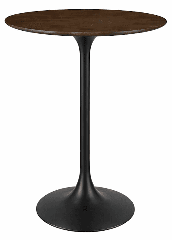 A round bar table with a dark wood top and a matte black pedestal base. The pedestal features a flar… — 3D model