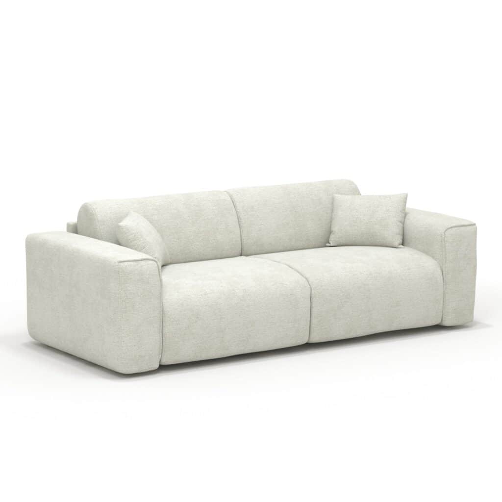 A contemporary three-seater sofa upholstered in a light beige, textured fabric. It features a low-pr… — 3D model