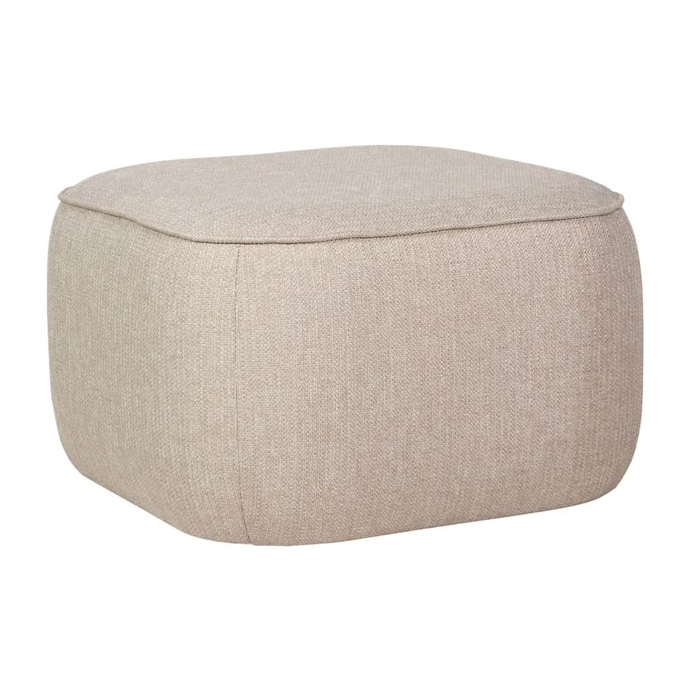 A rounded, cube-shaped ottoman upholstered in a textured fabric. It features a slightly recessed top… — 3D model