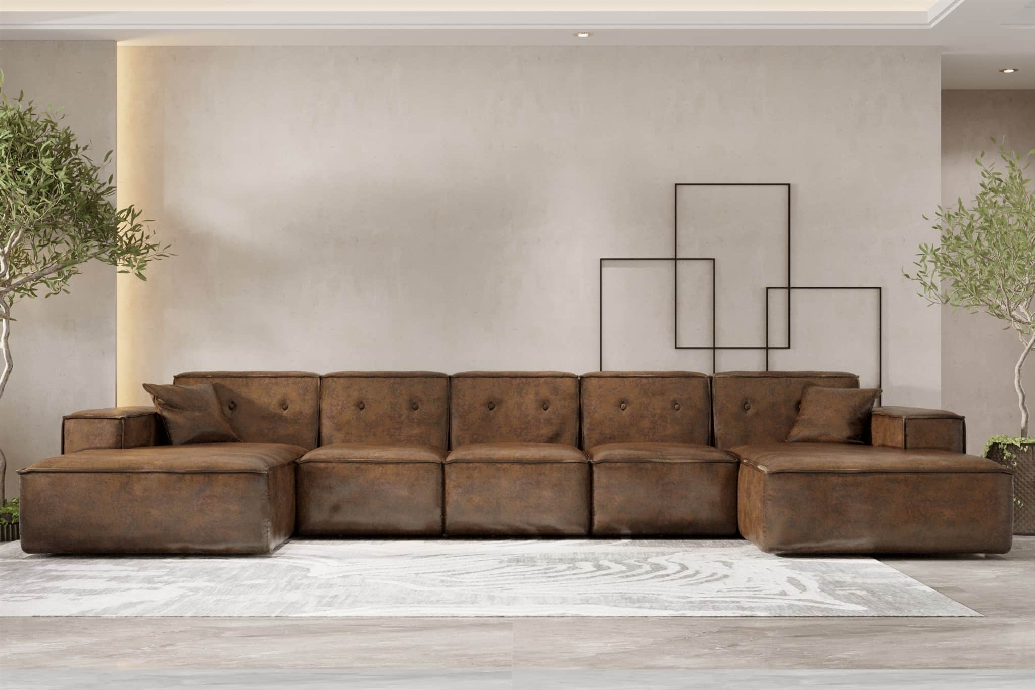 A large, sectional sofa composed of multiple modular units. The sofa features a low profile with dee… — 3D model