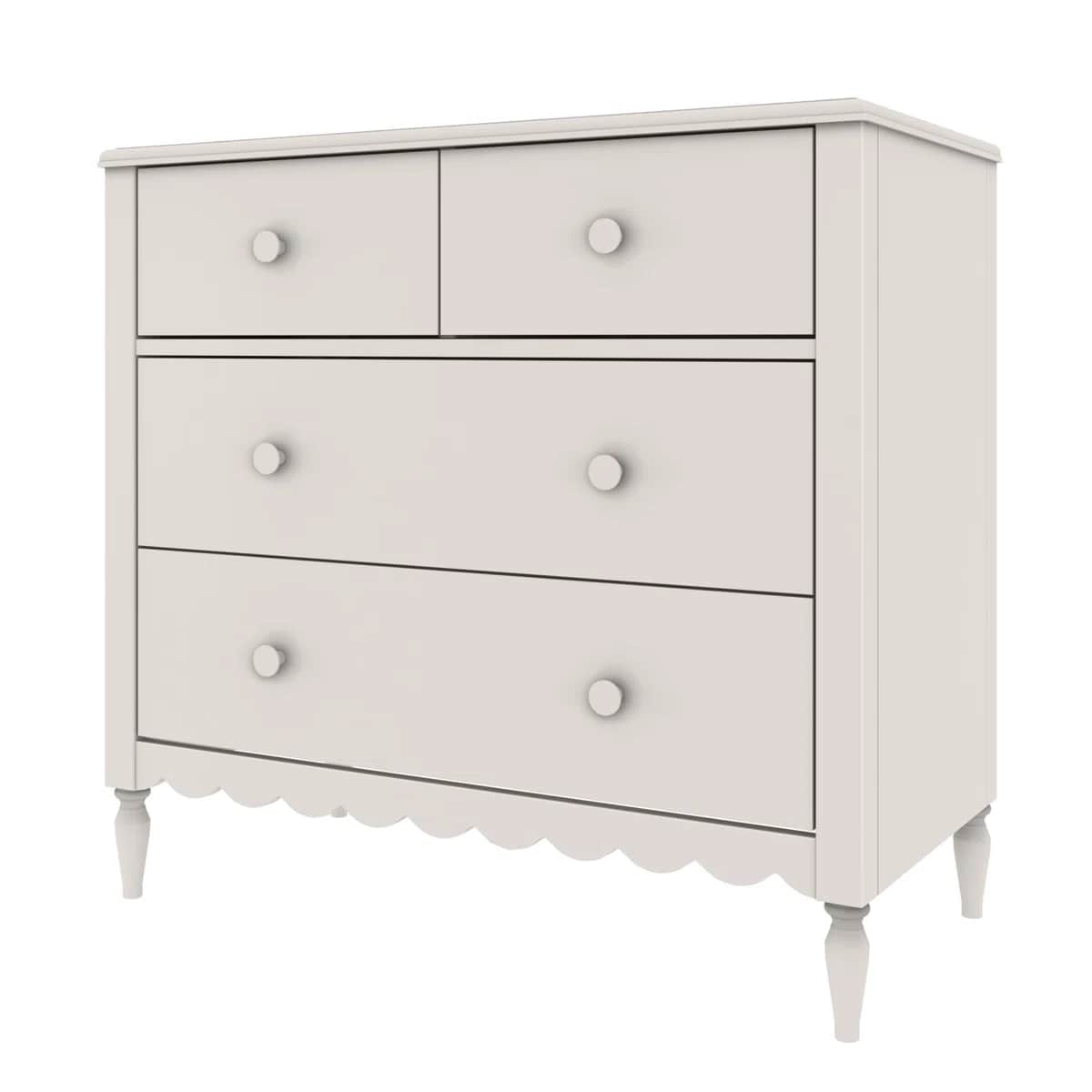 A light-colored dresser with a scalloped base and four legs. It features two smaller drawers at the… — 3D model