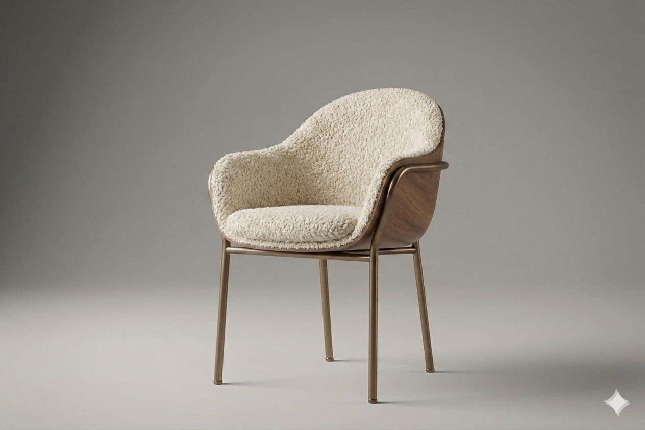 A contemporary armchair featuring a curved molded wood shell, plush cream bouclé upholstery, and sle… — 3D model