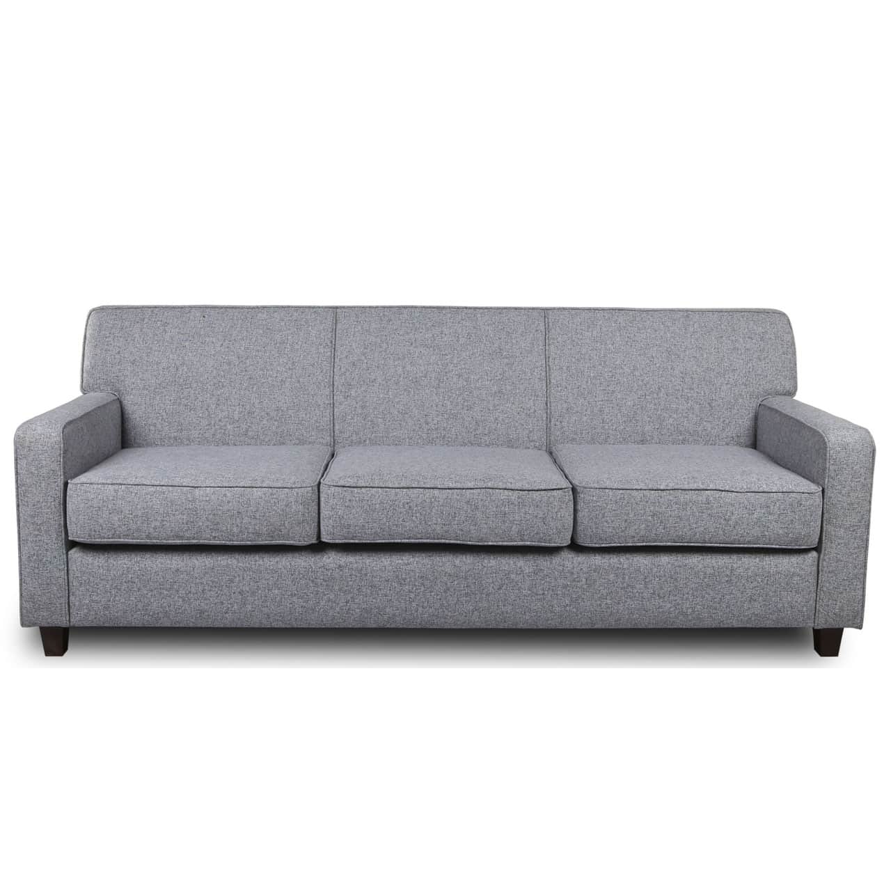 A contemporary three-seater sofa upholstered in a light grey woven fabric. The sofa features a recta… — 3D model