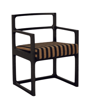 A modern armchair with a dark, angular frame and a striped upholstered seat and back. The frame appe… — 3D model