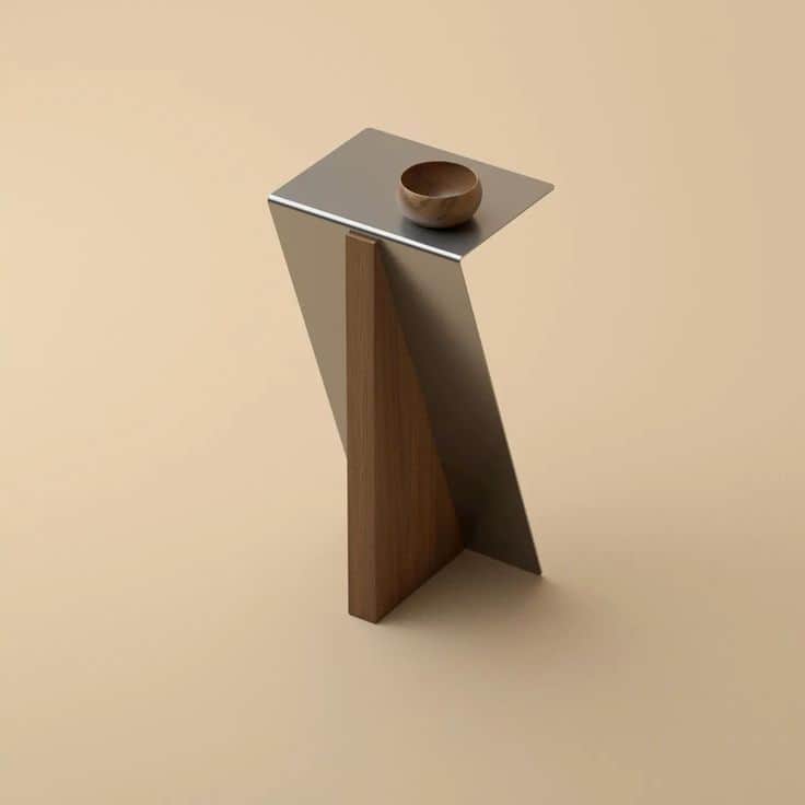 A small, modern geometric side table featuring a bent metallic structure combined with an angled woo… — 3D model