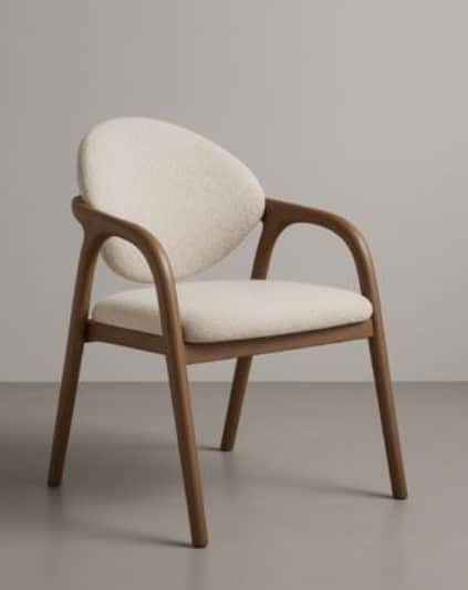 A modern armchair featuring a curved wooden frame with integrated armrests and tapered legs, upholst… — free OBJ 3D model