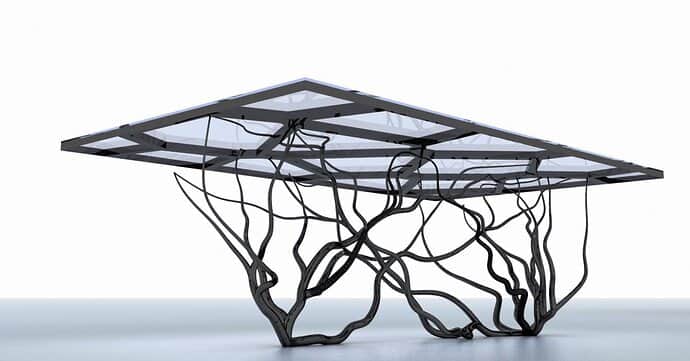 A modern, artistic table featuring a rectangular multi-panel glass top supported by an intricate, or… — free FBX 3D model