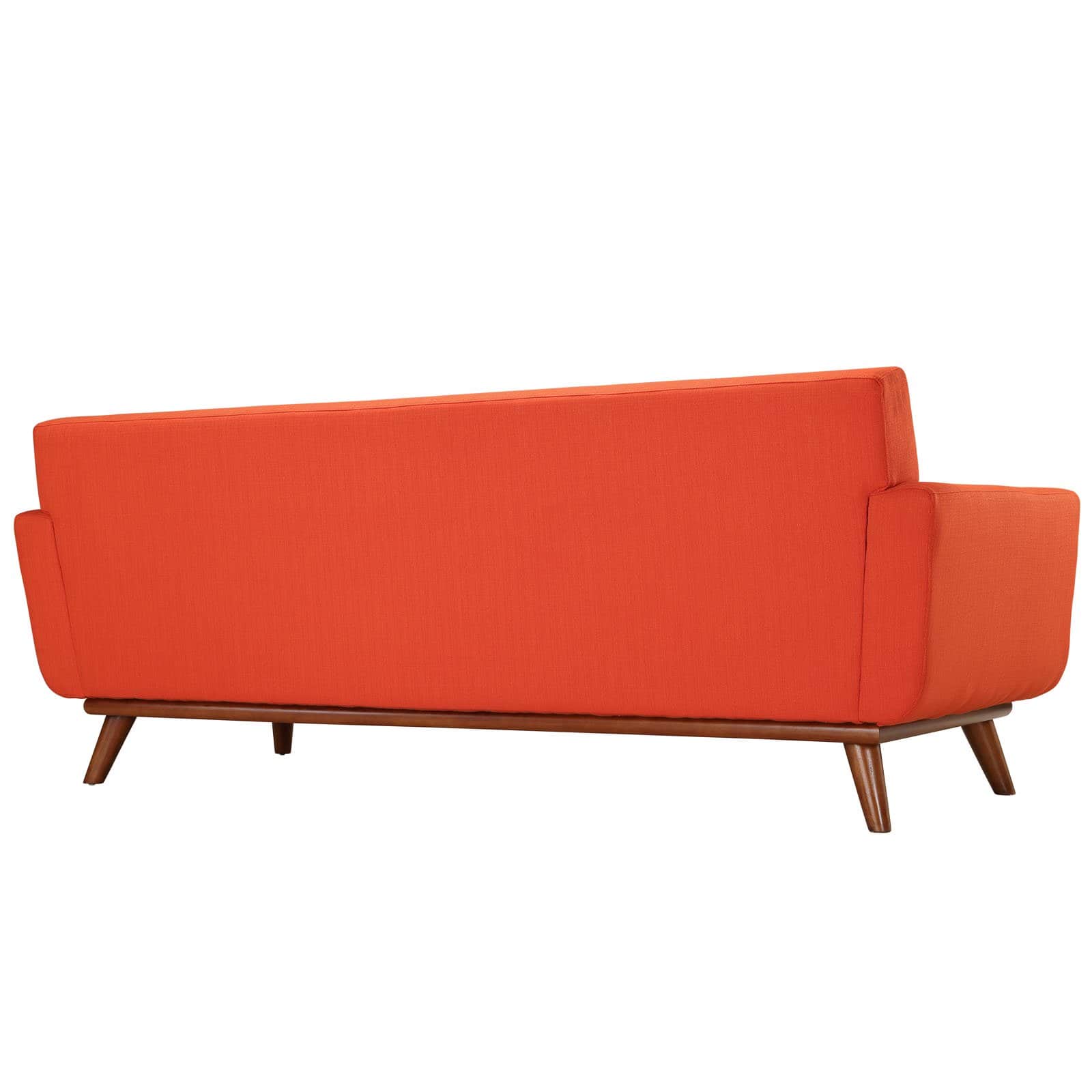 The image displays the rear and partial side view of an upholstered sofa featuring a vibrant orange… — 3D model