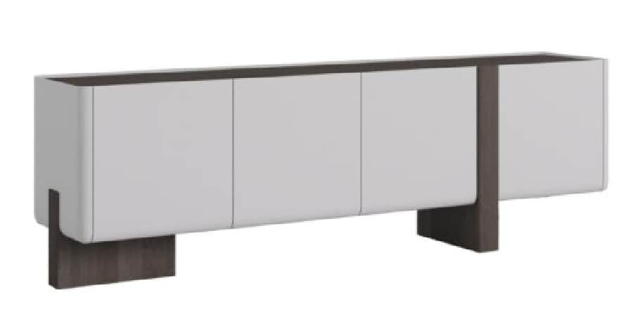 A long, low contemporary sideboard featuring three cabinet doors with a light gray lacquered finish,… — 3D model