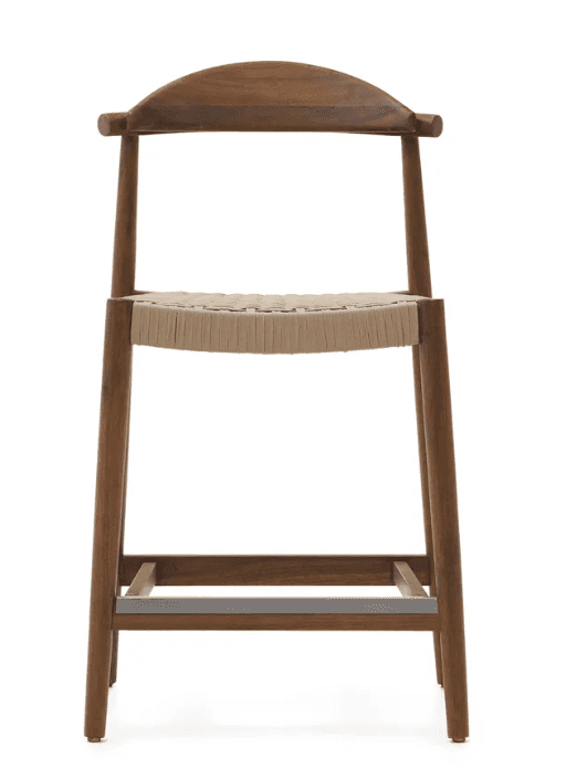 A modern bar stool featuring a solid wood frame in a warm brown finish, with a distinctive curved ba… — 3D model
