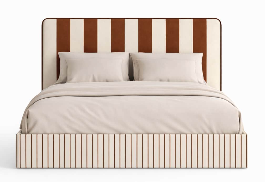 An upholstered platform bed featuring a prominent headboard and bed frame adorned with a bold stripe… — 3D model