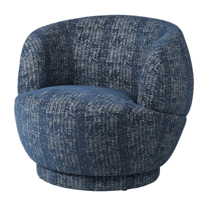An upholstered barrel-shaped accent chair featuring a distinctive blue and off-white herringbone pat… — 3D model