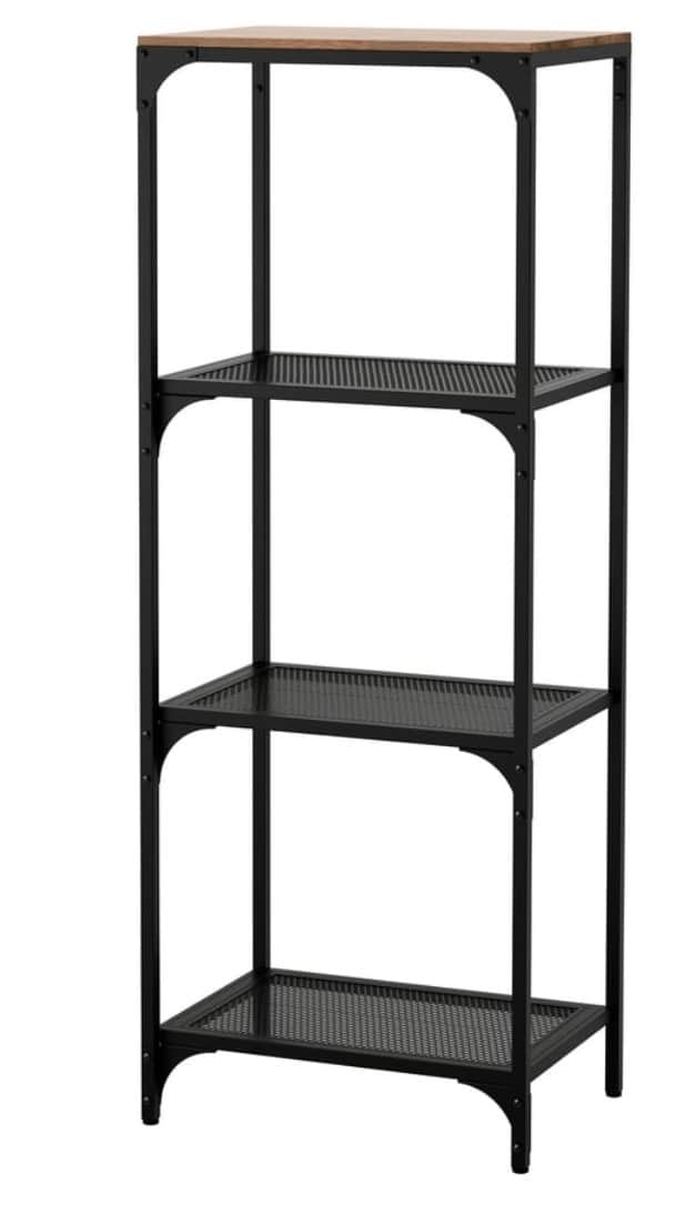 A tall, slender shelving unit with a black powder-coated metal frame and three perforated black meta… — 3D model