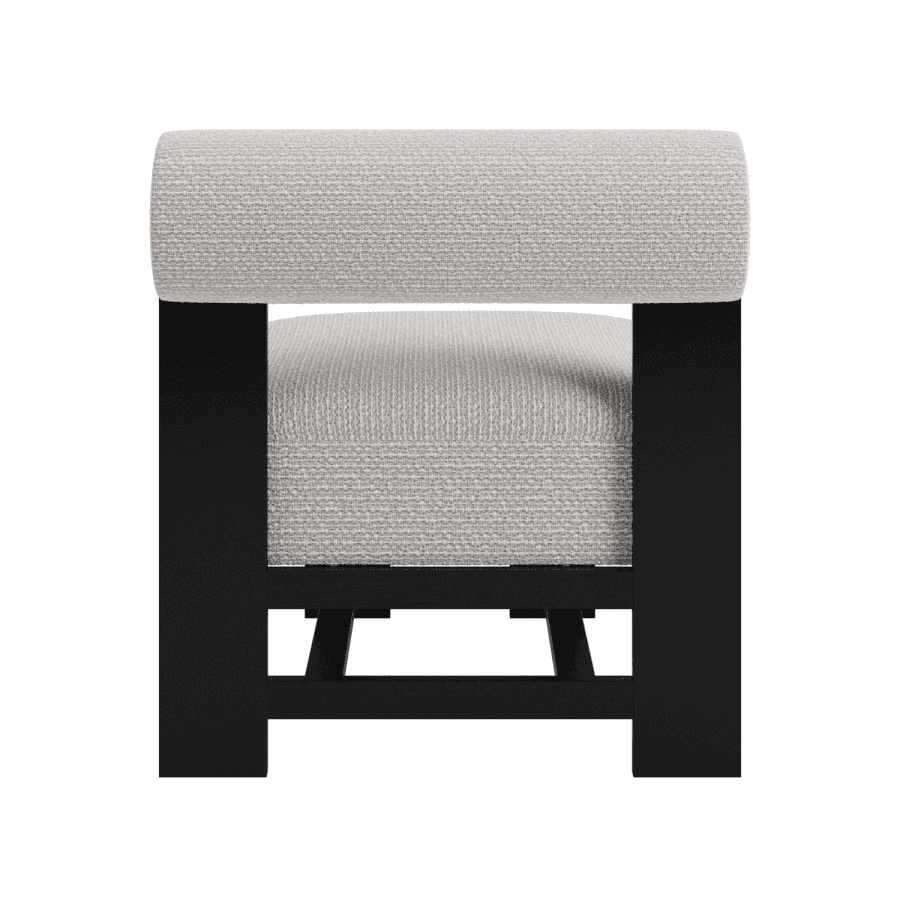 An upholstered stool featuring a dark wood frame and light gray fabric, designed with a low seat and… — 3D model