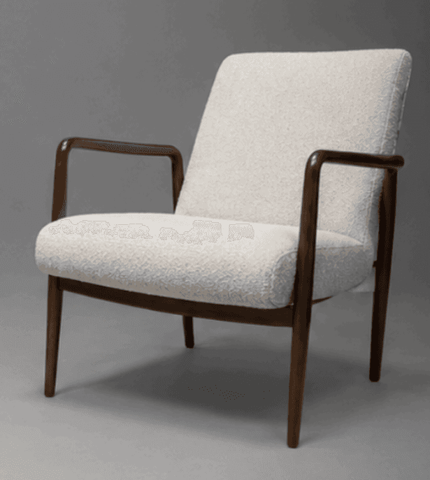 An upholstered lounge chair featuring a dark stained wooden frame and cream-colored boucle fabric. I… — free GLTF 3D model