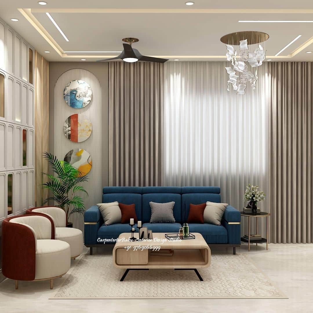 A contemporary three-seater sofa upholstered in a rich blue fabric, featuring individual seat cushio… — 3D model