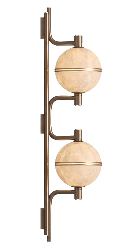 A wall-mounted sconce featuring a vertical linear metallic support structure with two curved arms ex… — 3D model