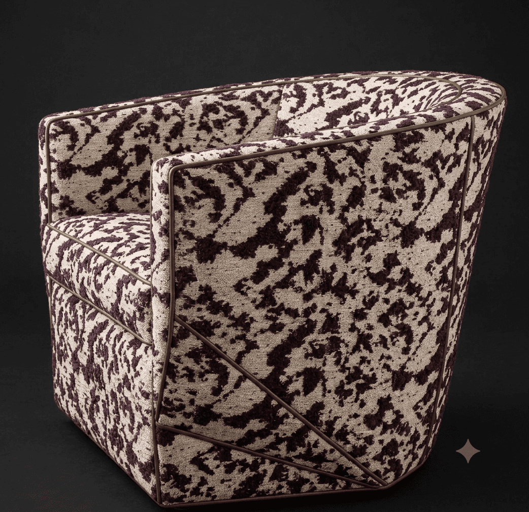 A modern upholstered tub chair featuring a striking abstract patterned fabric in cream and deep purp… — 3D model