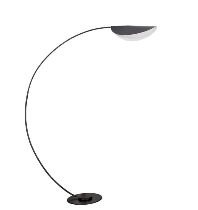 A modern arc floor lamp featuring a slender, gracefully curved black metal stem rising from a minima… — 3D model