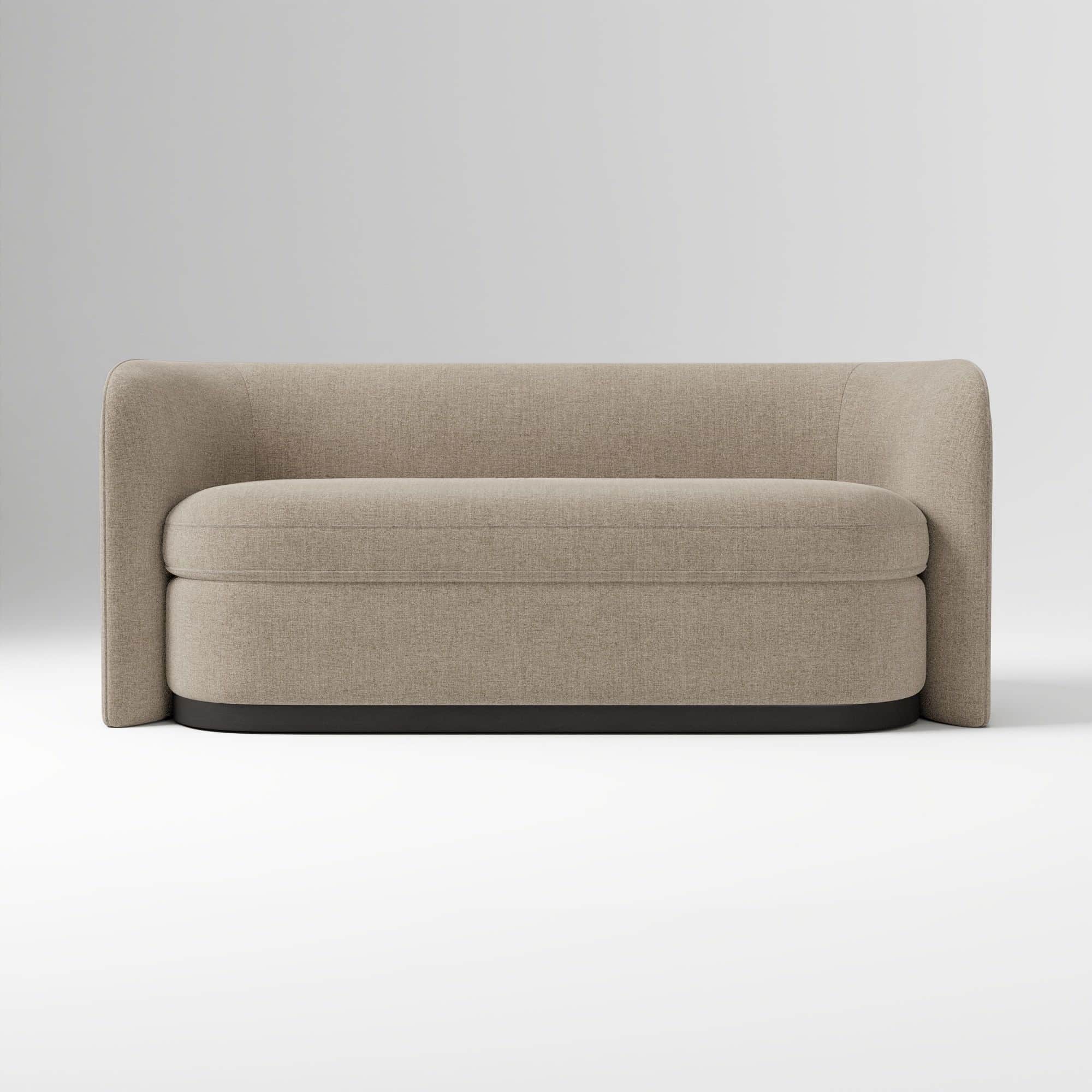 A modern, upholstered two-seater sofa (loveseat) with a rounded, continuous profile, integrated arms… — 3D model