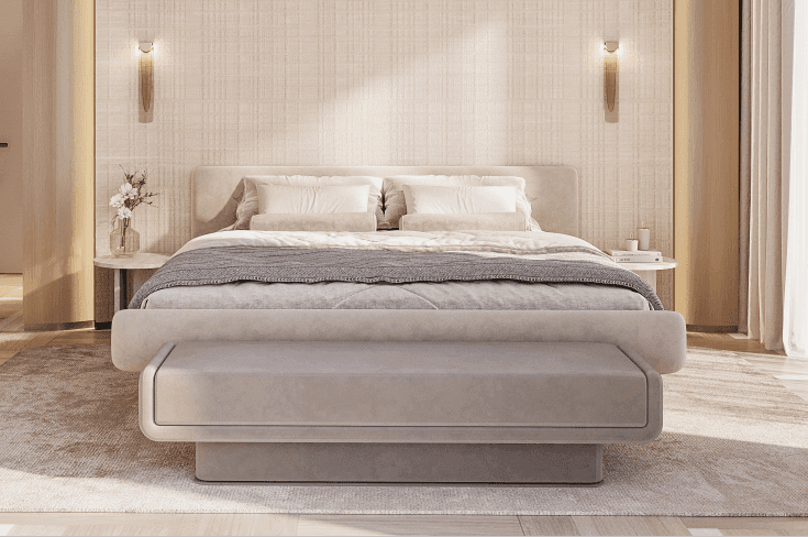 A modern upholstered bed frame with a detached, rectangular headboard and an integrated footboard th… — 3D model