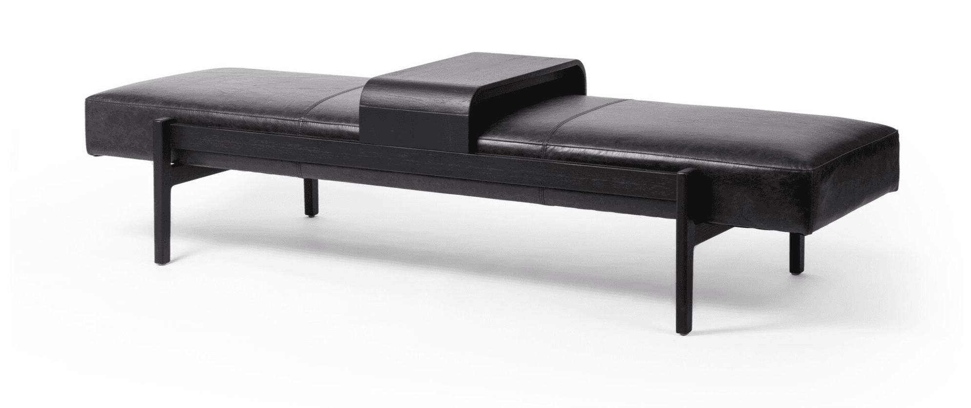 A modern long rectangular bench upholstered in dark brown distressed leather, featuring a sleek blac… — 3D model