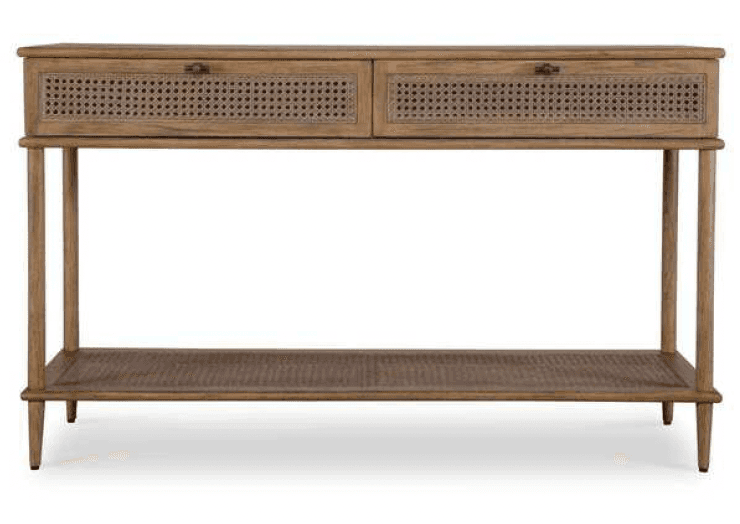 A long, narrow console table made of light-toned wood, featuring two drawers with cane webbing front… — 3D model