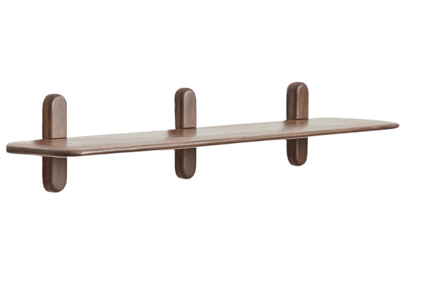 A minimalist wall shelf featuring a single, elongated horizontal plank supported by three vertical e… — 3D model