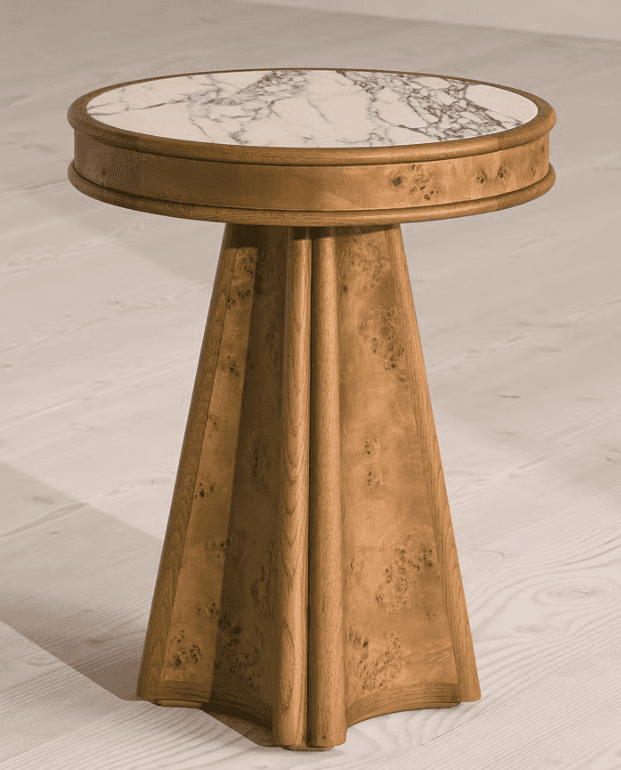 A round end table with a marble top and a wooden base. The top is circular and features a white marb… — 3D model