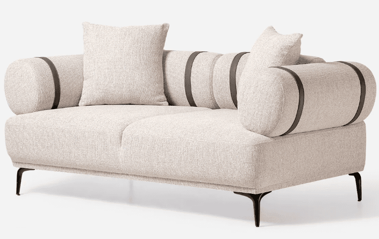 A modern two-seater loveseat featuring light beige textured fabric upholstery. It has distinctive cy… — free SKP 3D model