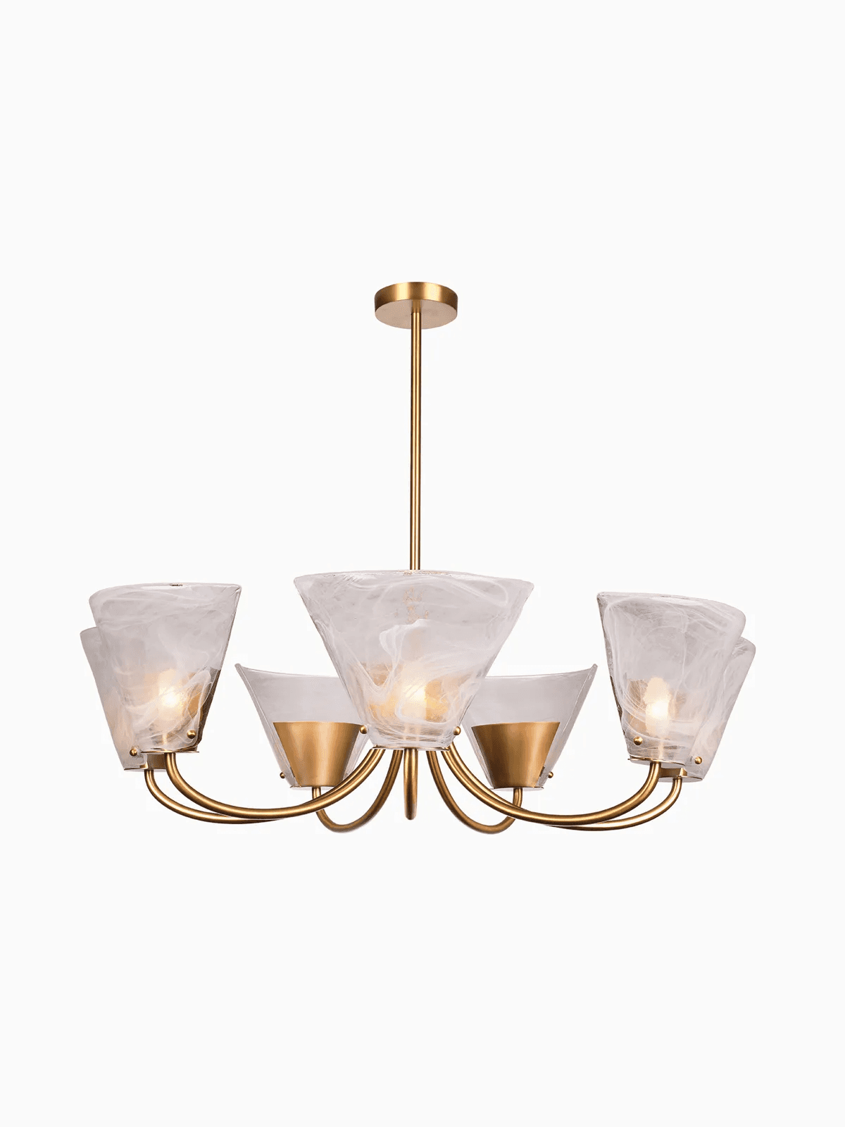 A six-light chandelier featuring a polished brass finish and inverted conical shades made of white,… — 3D model