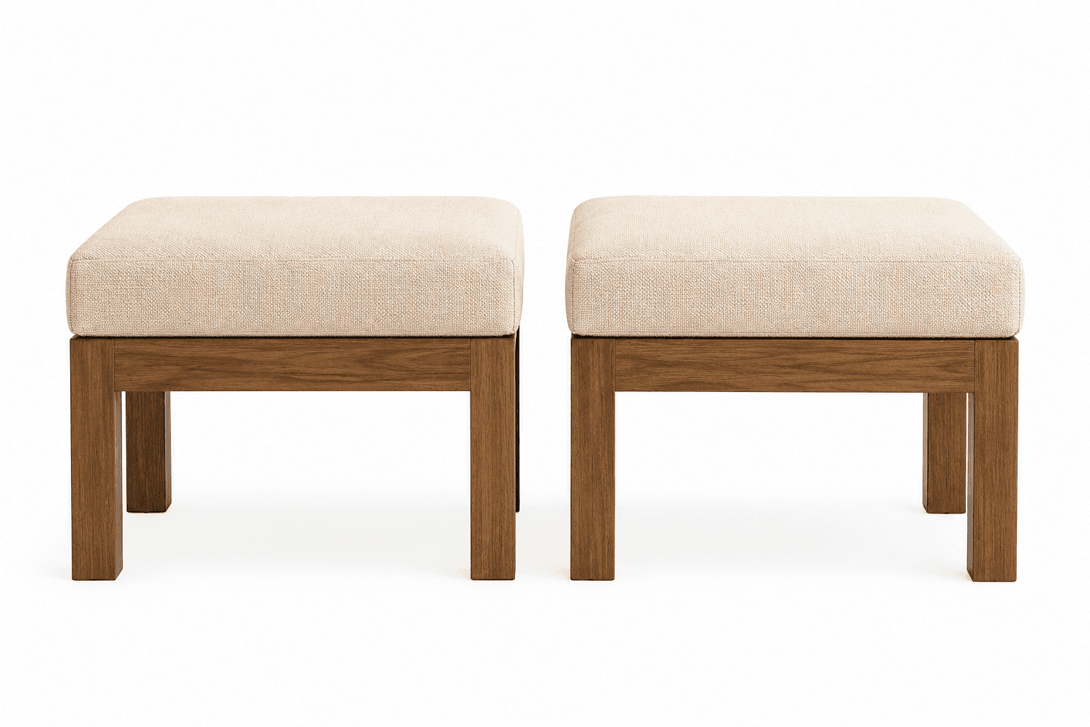 Two identical, rectangular upholstered ottomans with simple wooden frames and square block legs. The… — 3D model